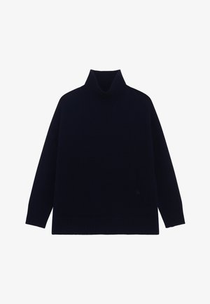 Maglione a collo alto blu navy, realizzato in tessuto a maglia, presenta un colletto alto a coste e polsini a coste. Forma boxy, senza motivi o accenti visibili.