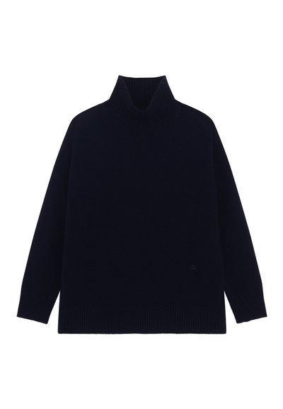 Maglione a collo alto blu navy, realizzato in tessuto a maglia, presenta un colletto alto a coste e polsini a coste. Forma boxy, senza motivi o accenti visibili.