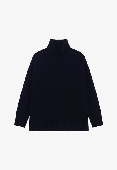 Maglione a collo alto blu navy, realizzato in tessuto a maglia, presenta un colletto alto a coste e polsini a coste. Forma boxy, senza motivi o accenti visibili.