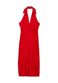 Vestito rosso senza maniche con un ampio colletto e una cerniera frontale. Il tessuto è liscio con una silhouette aderente e leggere arricciature ai lati.