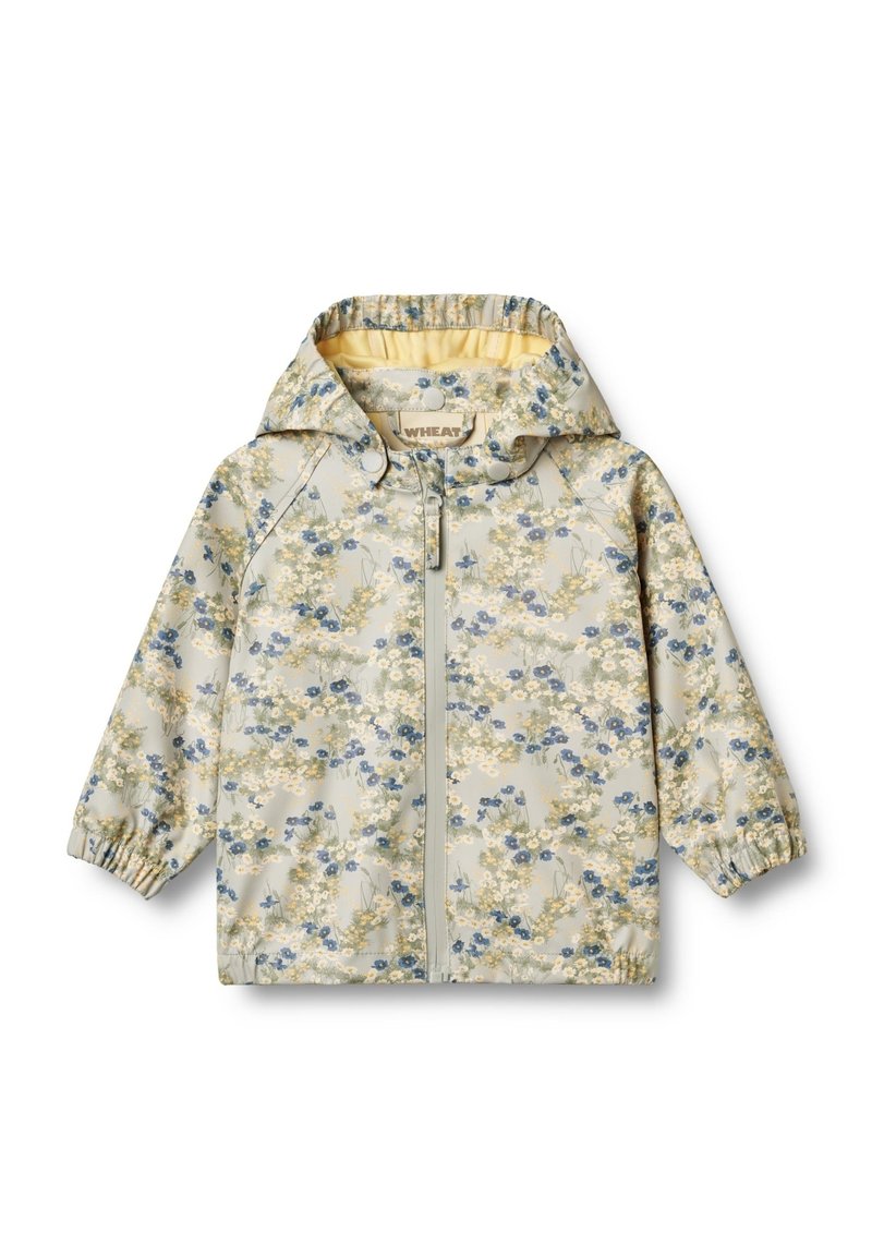 Chaqueta de lluvia floral en gris claro y azul, con capucha, puños elásticos y cremallera frontal. Presenta un patrón de flores sobre una tela texturizada.