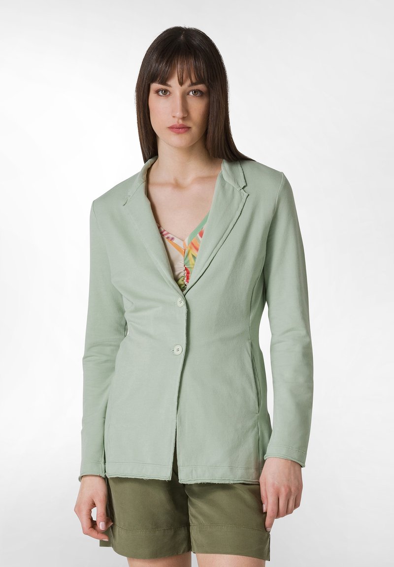 Ljusgrön, långärmad blazer med krage och två framknappar. Tillverkad av bomull med en slät yta och en skräddarsydd passform.