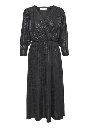 Robe noire à manches longues avec un design portefeuille, présentant un tissu texturé et scintillant, et une ceinture élastique pour une silhouette ajustée.