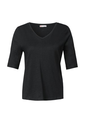 Sort V-hals t-shirt med korte ærmer, lavet af blødt stof. Har en flad søm ned langs midten og en afslappet, lige pasform.