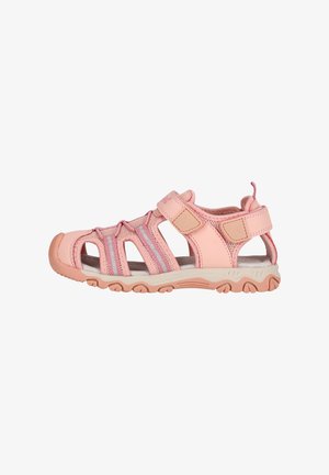 Roze synthetische sandalen met open tenen, voorzien van drie verstelbare banden, een comfortabele zool en een gestructureerde rubberen buitenzool voor grip.