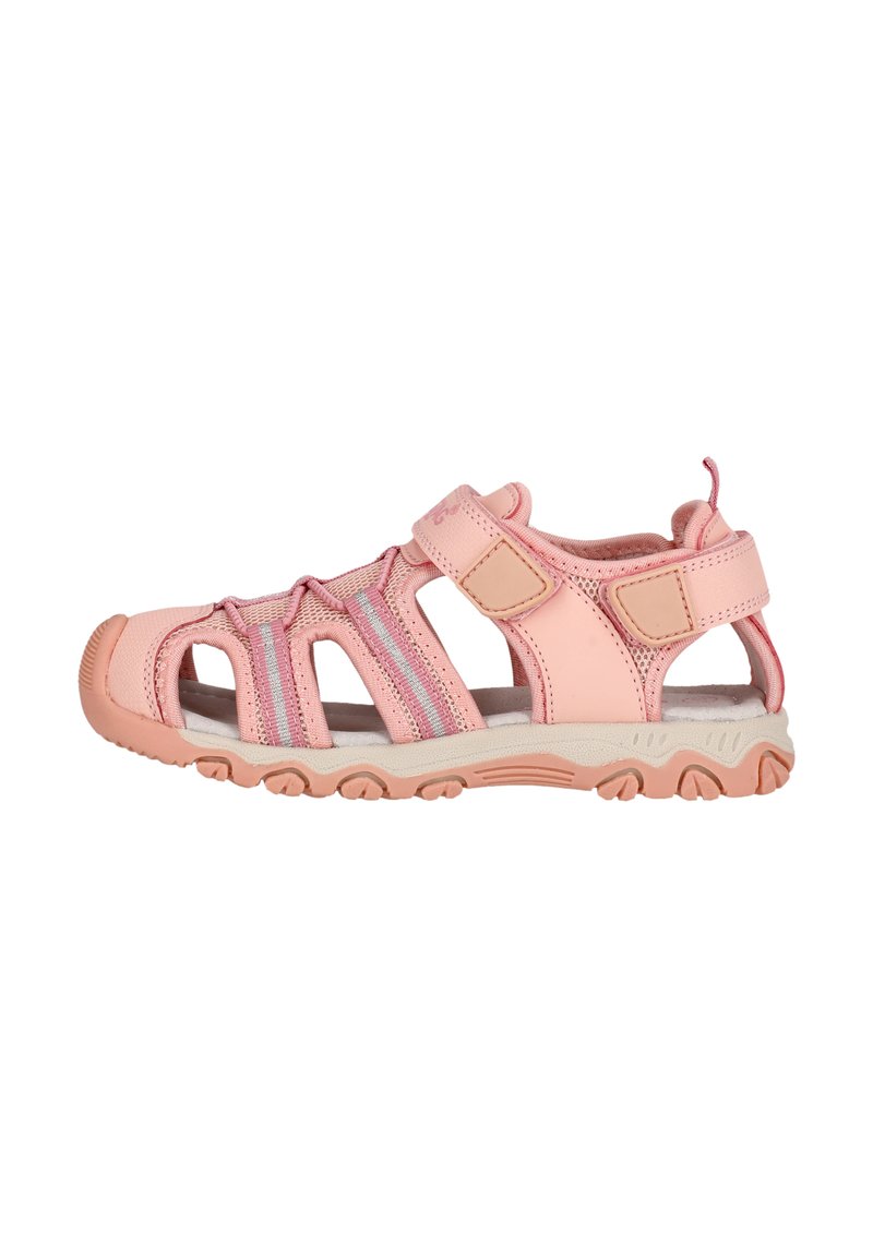 Pink synthetic open-toe sandals featuring three adjustable straps, a cushioned sole, and a textured rubber outsole for traction.