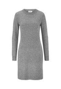 Abito grigio a maniche lunghe realizzato in tessuto morbido, con scollo rotondo e silhouette aderente. Design semplice senza motivi o accenti.