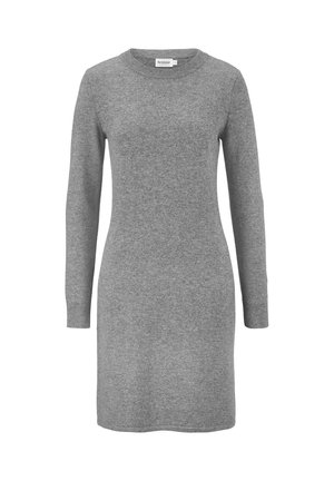 Harmaa pitkähihainen mekko, joka on valmistettu pehmeästä materiaalista. Mekossa on pyöreä kaula-aukko ja muotoiltu siluetti. Yksinkertainen malli ilman kuvioita tai koristeita.