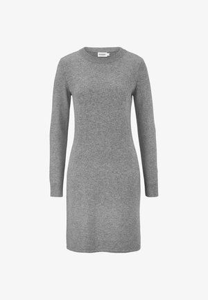 Graues langärmliges Kleid aus weichem Material, mit Rundhalsausschnitt und taillierter Silhouette. Einfaches Design ohne Muster oder Akzente.