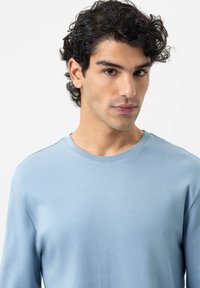 Helles blauer Rundhalsausschnitt-Sweatshirt aus weichem Baumwollstoff, mit langen Ärmeln, minimalen Nähdetails und lockerer Passform.