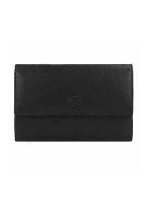 Black leather wallet with a smooth texture, rectangular shape, and embossed logo on the front. Features a fold-over design.