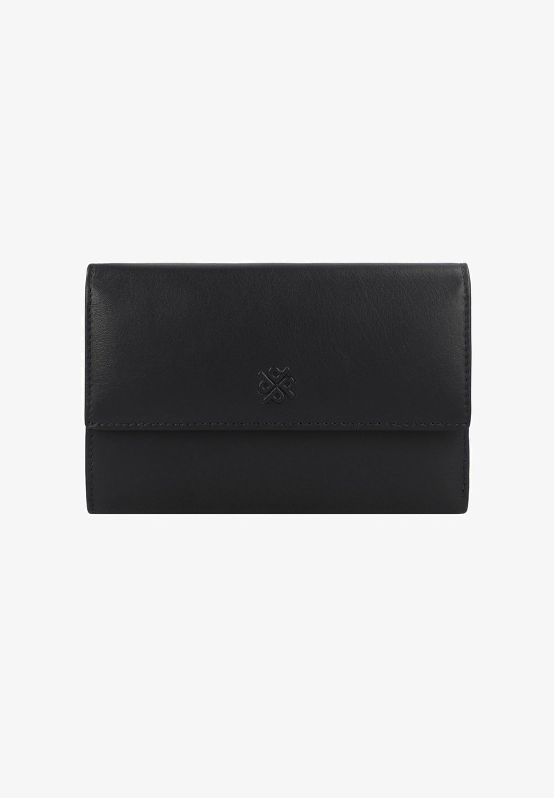 Portefeuille en cuir noir avec une texture lisse, de forme rectangulaire et logo en relief sur le devant. Il présente un design pliable.