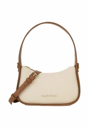 Sac à bandoulière Valentino en tissu beige avec garniture en cuir marron, sangle réglable et fermeture éclair dorée.