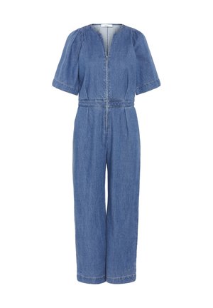 Denim jumpsuit with a zip front, short puff sleeves, elastic waist, and wide leg design. Made of light blue cotton denim fabric.