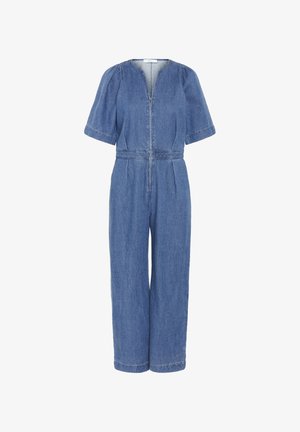 Denim overall, millel zipp esiosa, lühikesed puhvärvikud, elastne vöökoht ja laiad jalad. Valmistatud helesinisest puuvillase denimkangast.