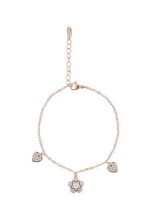 Rose gold kædearmbånd med en blomst og hjerte charms, begge prydet med klare smykkesten. Delikate led og en flaskeåbner.