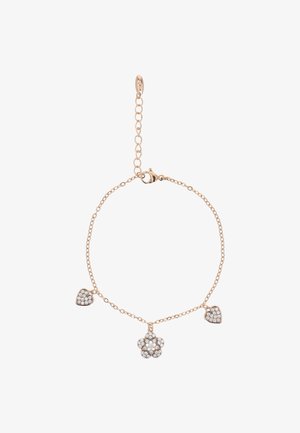 Braccialetto a catena in oro rosa con charms a forma di fiore e cuore, entrambi adornati con gemme trasparenti. Link delicati e chiusura a moschettone.