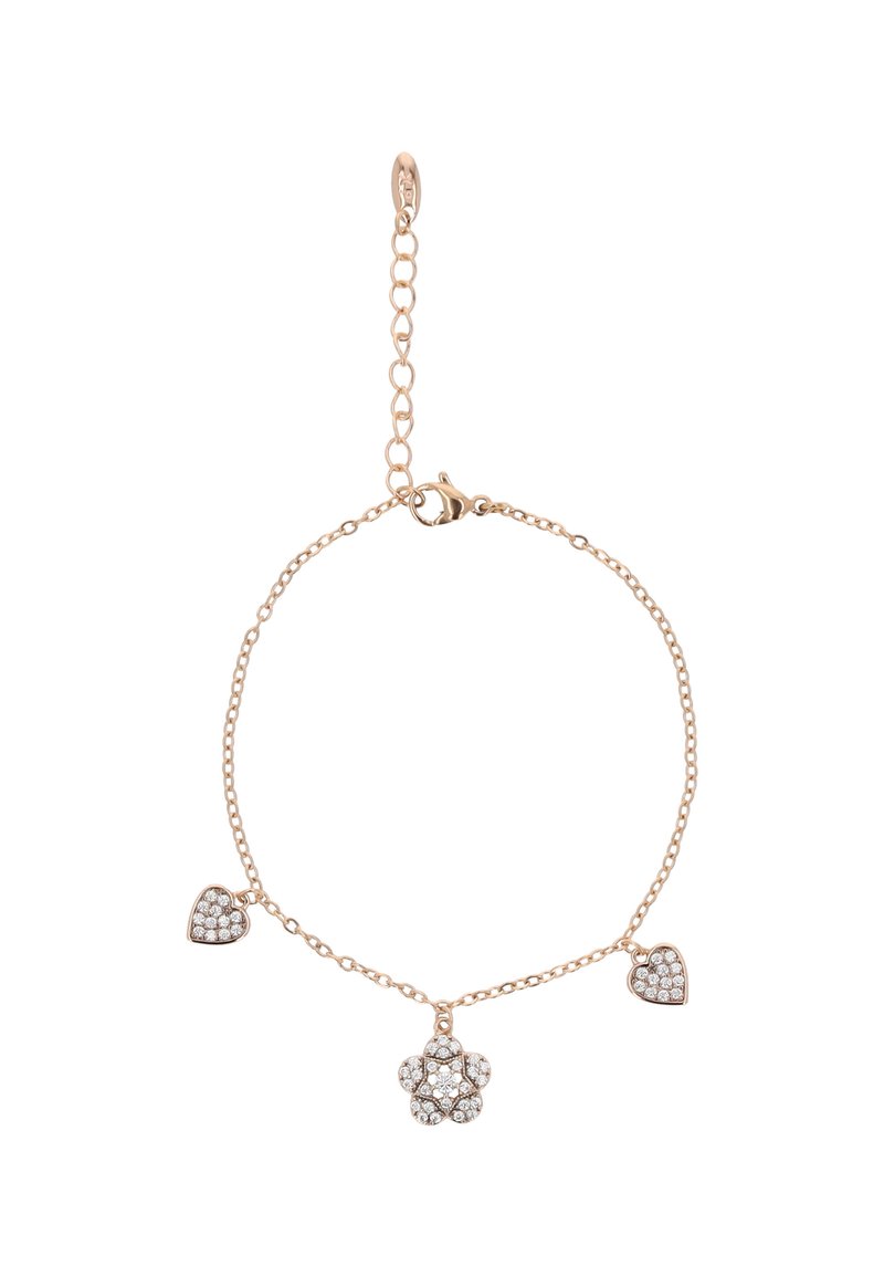 Náhrdelník z růžového zlata s přívěsky ve tvaru květiny a srdce, oba zdobené čirými drahokamy. Jemné články a karabinkový zapínání.