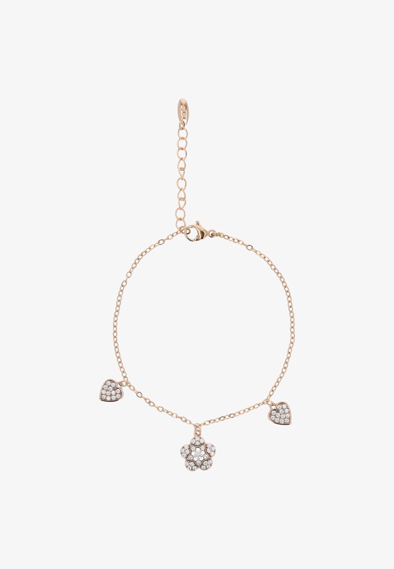 Náhrdelník z růžového zlata s přívěsky ve tvaru květiny a srdce, oba zdobené čirými drahokamy. Jemné články a karabinkový zapínání.