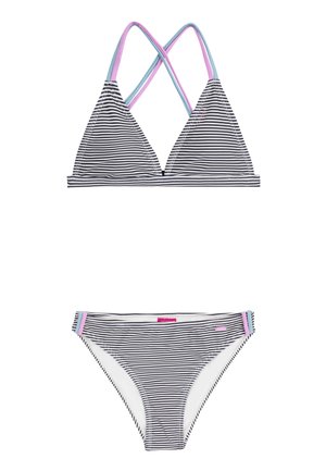 Zwart-wit gestreepte bikini set met een driehoekige top met gekruiste pastelkleurige bandjes en een bijpassende onderkant met accentstrepen.