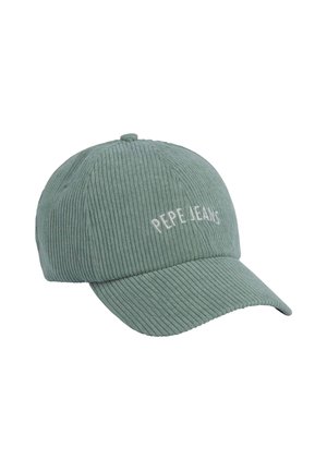 Cappellino da baseball in corduroy verde tenue, con una visiera curva, texture a coste e logo ricamato "PEPE JEANS" in bianco.