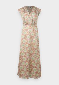 Μακρύ, αμάνικο φόρεμα με V λαιμόκοψη και πιετά στη μέση, σε καφέ φόντο με λουλουδένιο μοτίβο σε παστέλ πράσινο και λεβαντί αποχρώσεις.