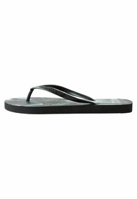 Sorte flip-flop sandaler med tynde stropper og en struktureret sål med et tropisk mønster i grønt. Flad design lavet af gummimateriale.