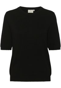 Top nero a maniche corte in maglia con scollo rotondo, texture morbida e vestibilità rilassata. Etichetta visibile all'collo indica la taglia media.