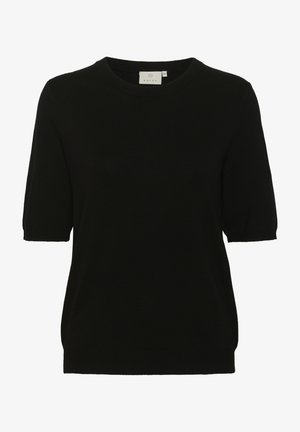 Fekete, rövid ujjú kötött felső kerek nyakkal, puha tapintással és laza fazonnal. A nyakrésznél látható címke a közepes méretet jelzi.