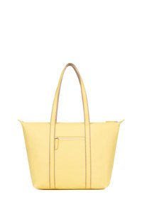 Borsa tote gialla con una texture liscia, dotata di manici lunghi e una tasca con zip sulla parte anteriore. Sottile cucitura decorativa per un tocco di dettagli.