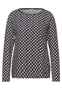 Pitkähihainen t-paita tummansinisellä pohjalla, jossa on geometrinen kermaharmaa kuvio. Valmistettu pehmeästä kankaasta, jossa on pyöreä kaula-aukko ja rento istuvuus.