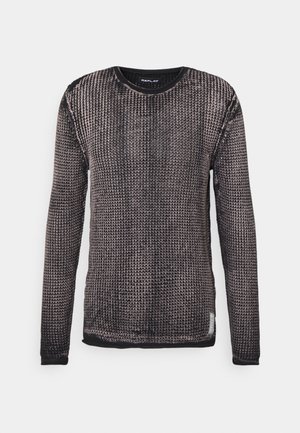 Langærmet sort og grå strikket sweater med rund hals og tekstureret mønster, mærket med Replay-logo indeni kraven.