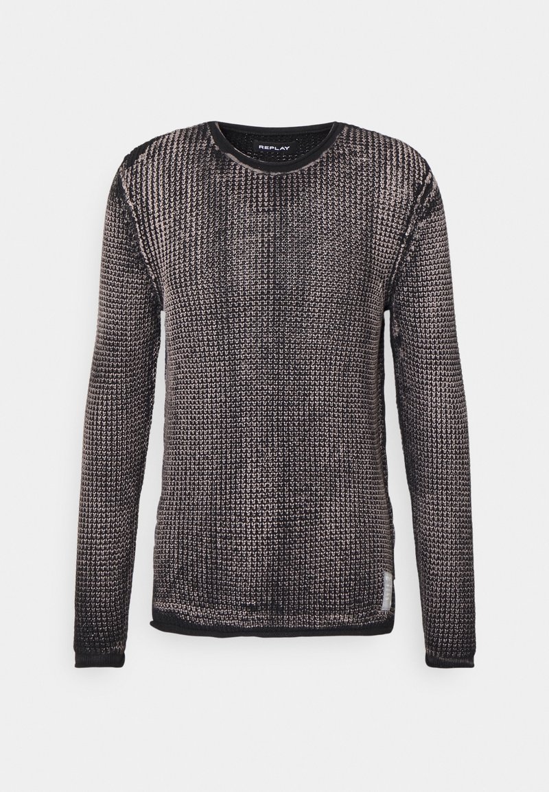 Pull en maille noir et gris à manches longues avec col rond et motif texturé, étiquette de la marque Replay à l'intérieur du col.