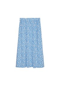 Světle modrá sukně s květinovým vzorem v bílé barvě, vyrobená z měkké tkaniny, s elastickým pasem, do délky kolen a s volným střihem.