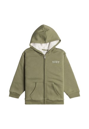 Olivengrøn zip-up hoodie med fleece-foring i hætten, to frontlommer, ribbede håndled og "ROXY" logo i hvid på brystet. Blød stofstruktur.