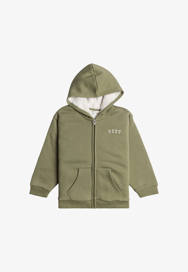 Olivgrön zip-up hoodie med fleecefoder i huvan, två framfickor, ribbade muddarna och "ROXY"-logotyp i vitt på bröstet. Mjuk tygtextur.