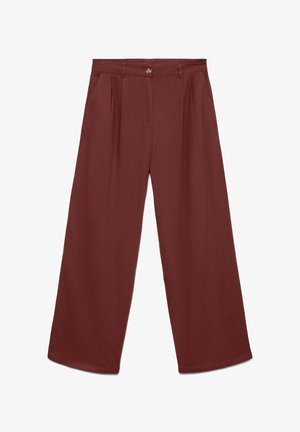 Laiade lõikega, kõrge vöökohaga püksid tumepunasest materjalist, esitelgedega, küljetaskute, vööaasade, nööbikinnituse ja lukuesiosaga.