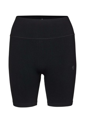 Schwarze, gerippte Biker-Shorts mit hoher Taille und kleinem Logo am linken Oberschenkel, entworfen für sportliche oder legere Anlässe.