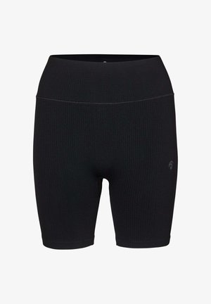 Schwarze, gerippte Biker-Shorts mit hoher Taille und kleinem Logo am linken Oberschenkel, entworfen für sportliche oder legere Anlässe.