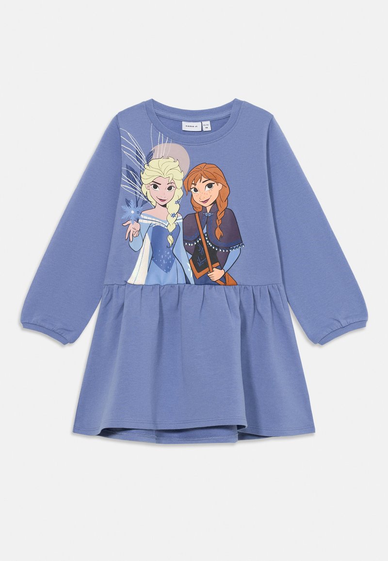 Modra dolg rokav obleka z gubanim pasom, na sprednji strani z likoma Elso in Ano iz filma Ledena doba.