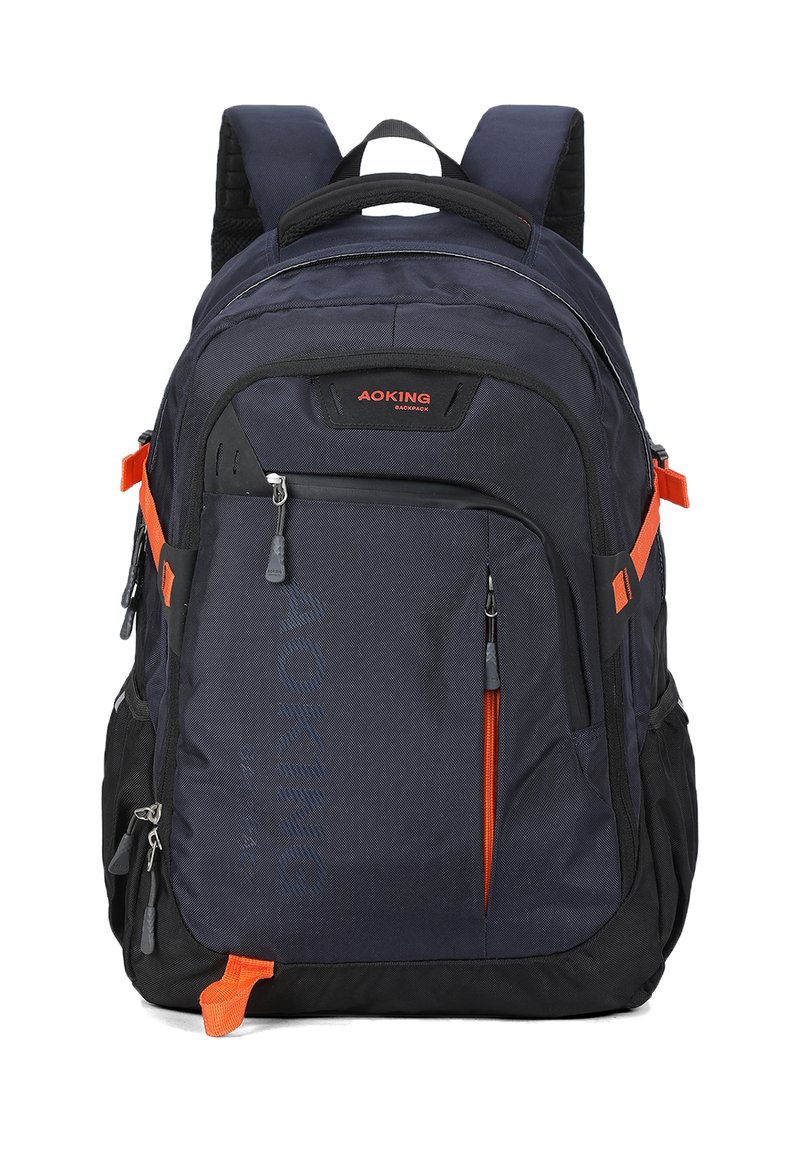 Zaino blu navy e nero con dettagli arancioni; presenta numerosi scomparti con cerniera e spallacci imbottiti per il comfort.