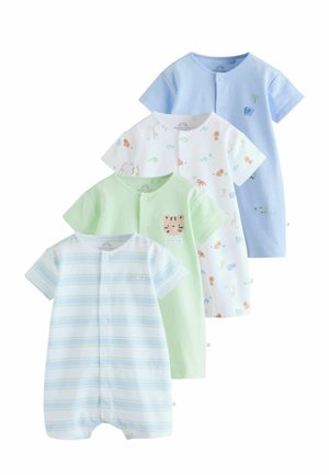 Fire babyrompers med korte ærmer i pastelblå, hvid med dyreprint, lysegrøn med tigerpatch og blå-hvide striber med trykknapper foran.