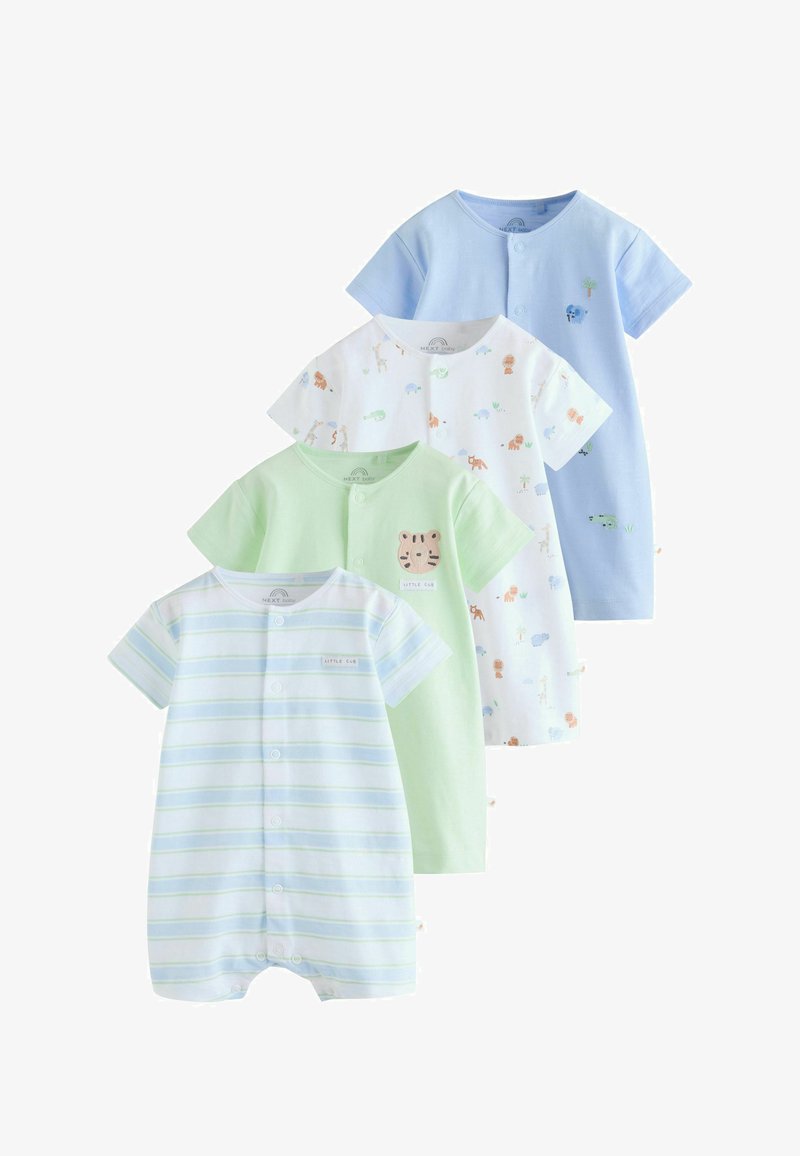 Quatre barboteuses pour bébé à manches courtes en bleu pastel, blanc avec motifs d'animaux, vert clair avec applique tigre, et rayures bleu et blanc avec pressions à l'avant.
