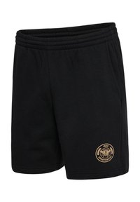 Zwarte katoenen shorts met een elastische tailleband, voorzien van een gouden embleem aan de onderzijde rechts met de tekst "1923 SPORTSWEAR."