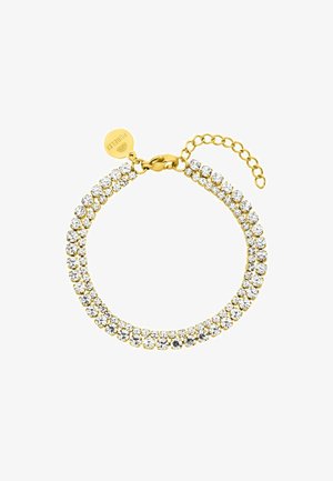 Goldfarbene Armbanduhr mit einer Reihe klarer Kristalle in klassischem Design, mit einem Karabinerhakenverschluss und einer verstellbaren Kette.