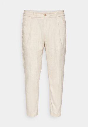Beige linnen broek met een licht gestructureerd oppervlak, tapered ontwerp, voorplooien en een enkele knoopsluiting bij de taille.