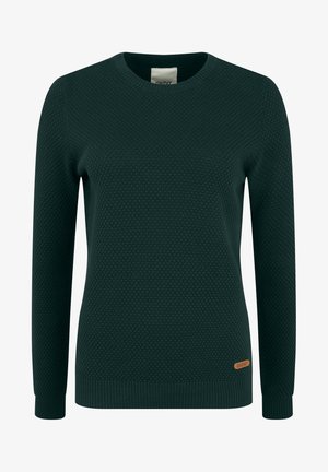 Tumši zaļš adīts džemperis ar teksturētu šūnu dizainu, ribinātām piedurknēm un apakšmalu, kā arī mazu zīmola ādas birku apakšējā malā.