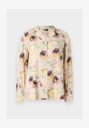 Hosszú ujjú, gombos ing, pasztell sárga, rózsaszín és lila virágmintával, bal mellrészen zsebbel.