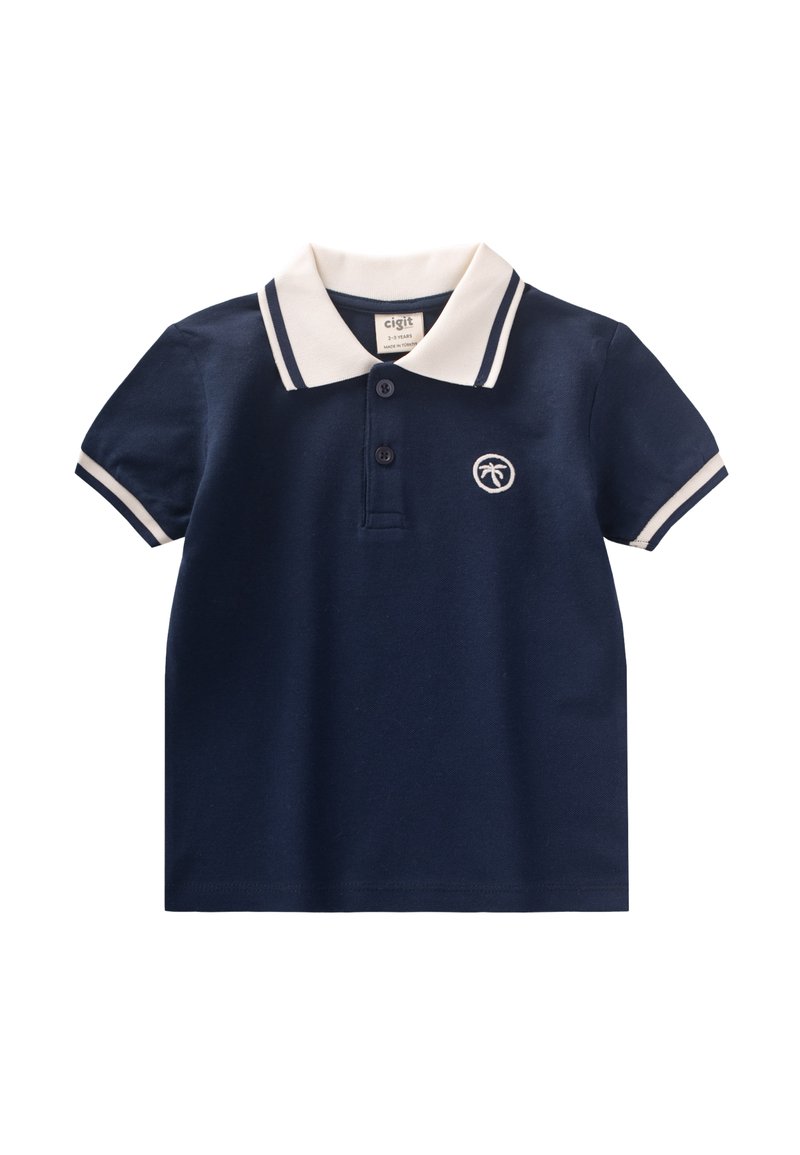 Polo shirt blu navy con colletto bianco e dettagli a strisce. Presenta tre bottoni e un piccolo logo di palma sul petto. Materiale in cotone.