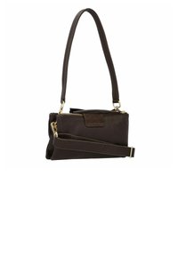 Borsa a tracolla in pelle marrone con una sola tracolla e una tracolla regolabile per il crossbody. Presenta una chiusura con zip e una tasca con patta anteriore.